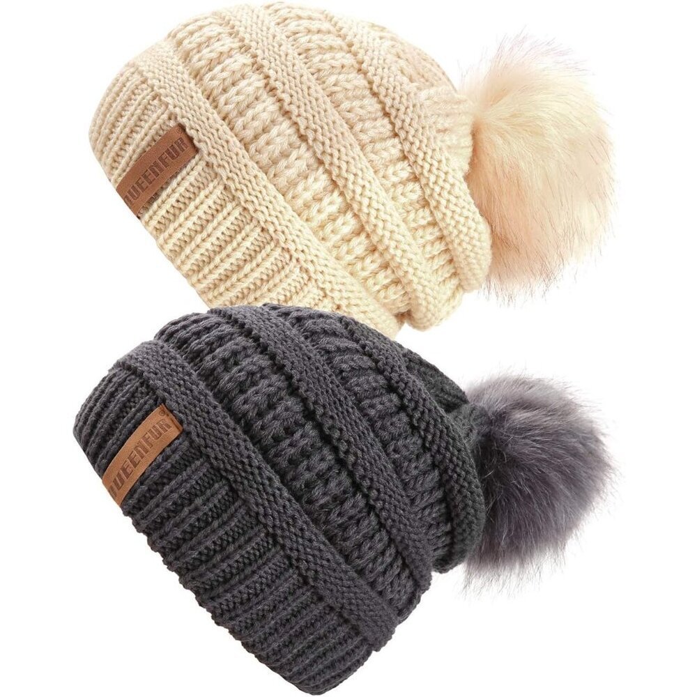 Women Dark GreyBeige2pack Acrylic Thick Baggy Knit Winter Faux Fur Pompom Beanie